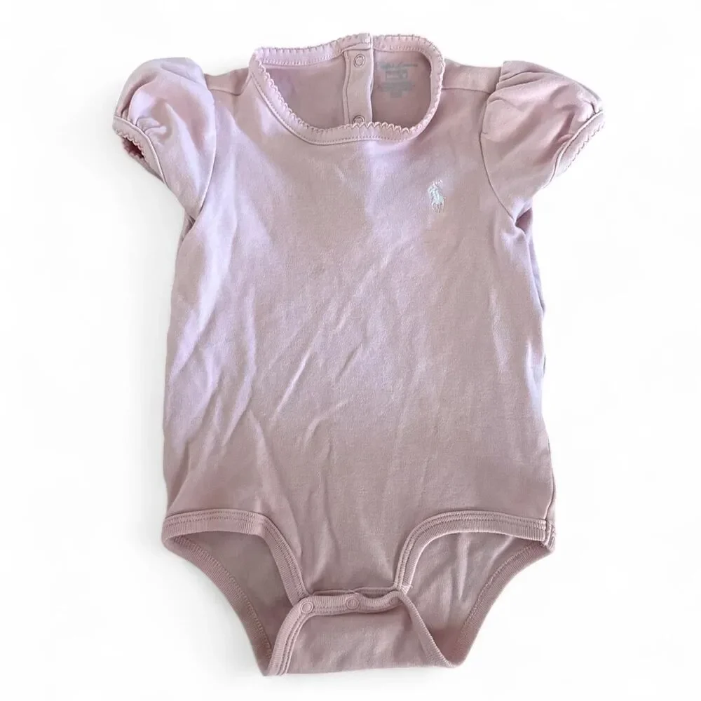 Ralph Lauren Baby Girls Pink Pony Logo Bodysuit | Puff Sleeve | 18 Months